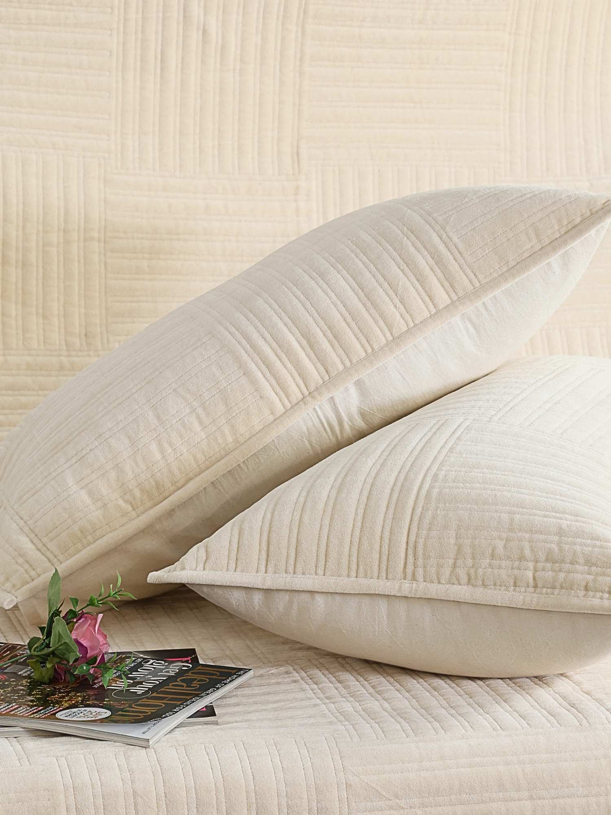 Linear Stripe Pattern Embroidered Quilted Bedspread with 2 Pillow Covers