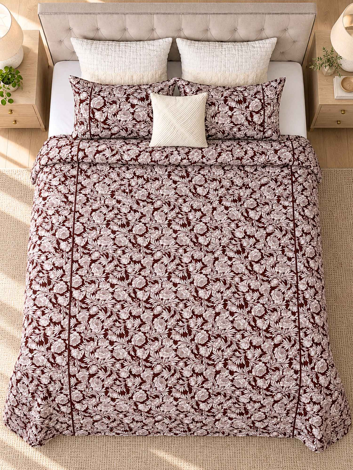 Palm Haven Cotton Thick & Thin Botanical Bed Cover – Brown