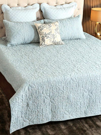 Blue Cotton Linen Geometrical Embroidered Bedspread Set with 2 Pillow Covers