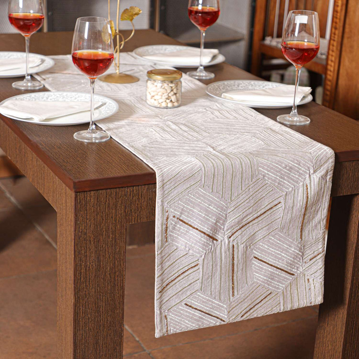 Hexa Embroidered Stripes Table Runner