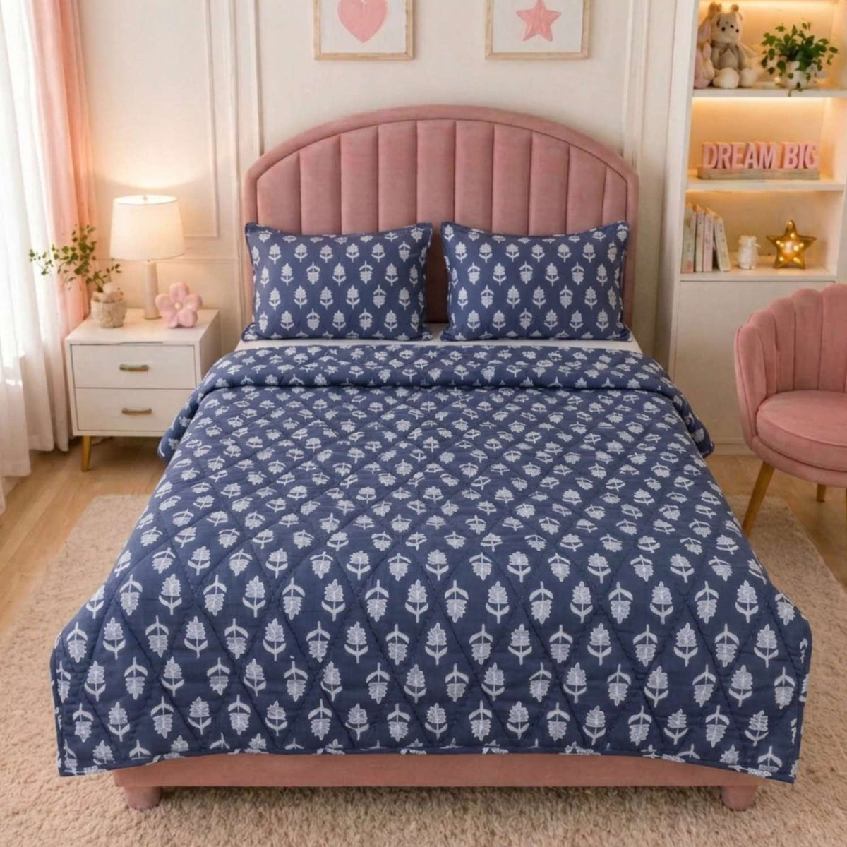 Sapphire Botanique Printed Leaf Kids Quilt with 2 Pillow Cover