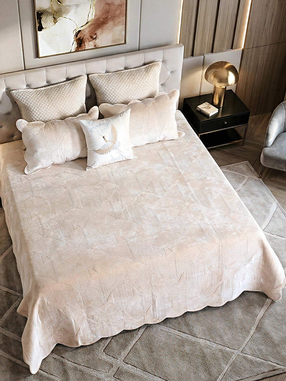 Regal Wave Velvet Quilted Bedspread Set with 2 Pillow Covers