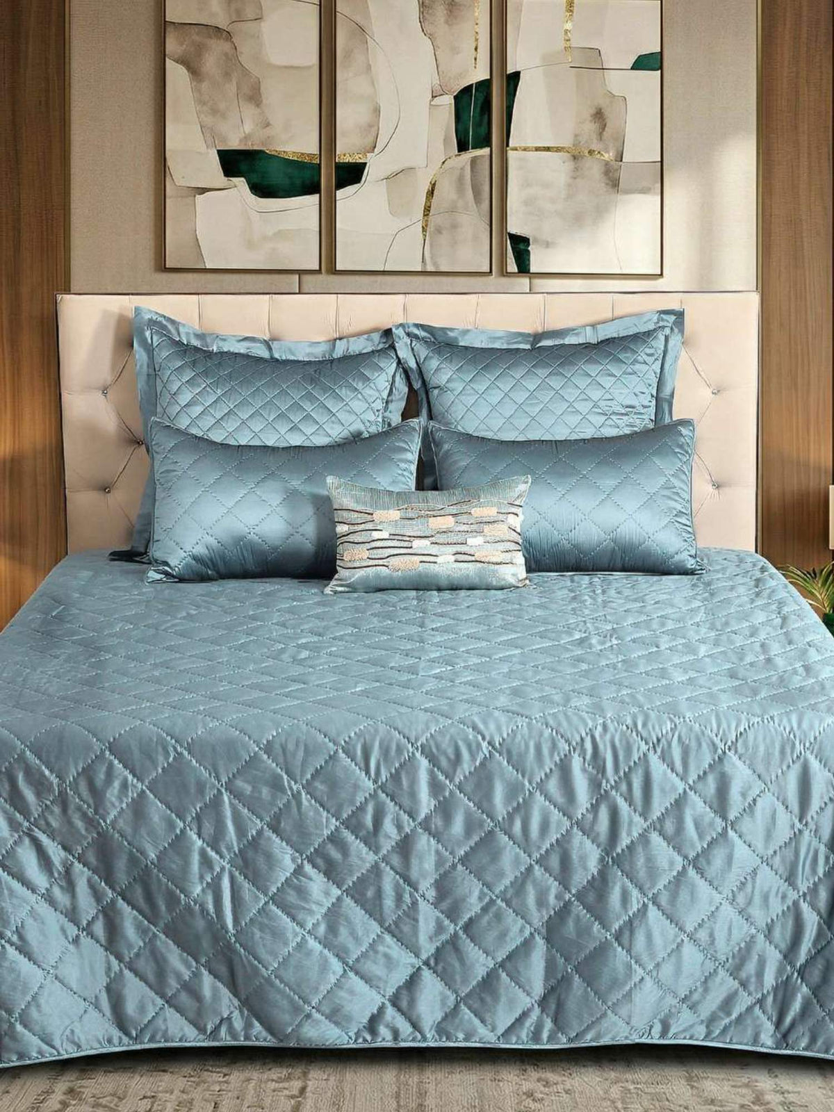 Imperial Blue Faux Silk Embroidered Bedspread with 2 Pillow Covers