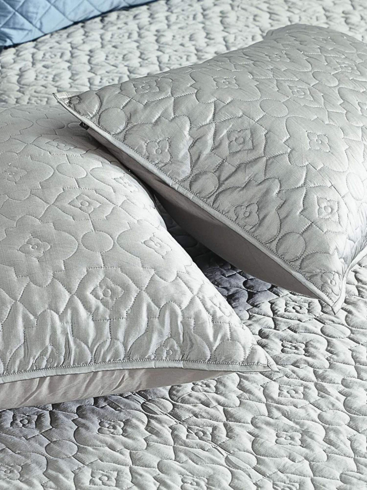 Pearl Grey Faux Silk Embroidered Bedspread with 2 Pillow Covers