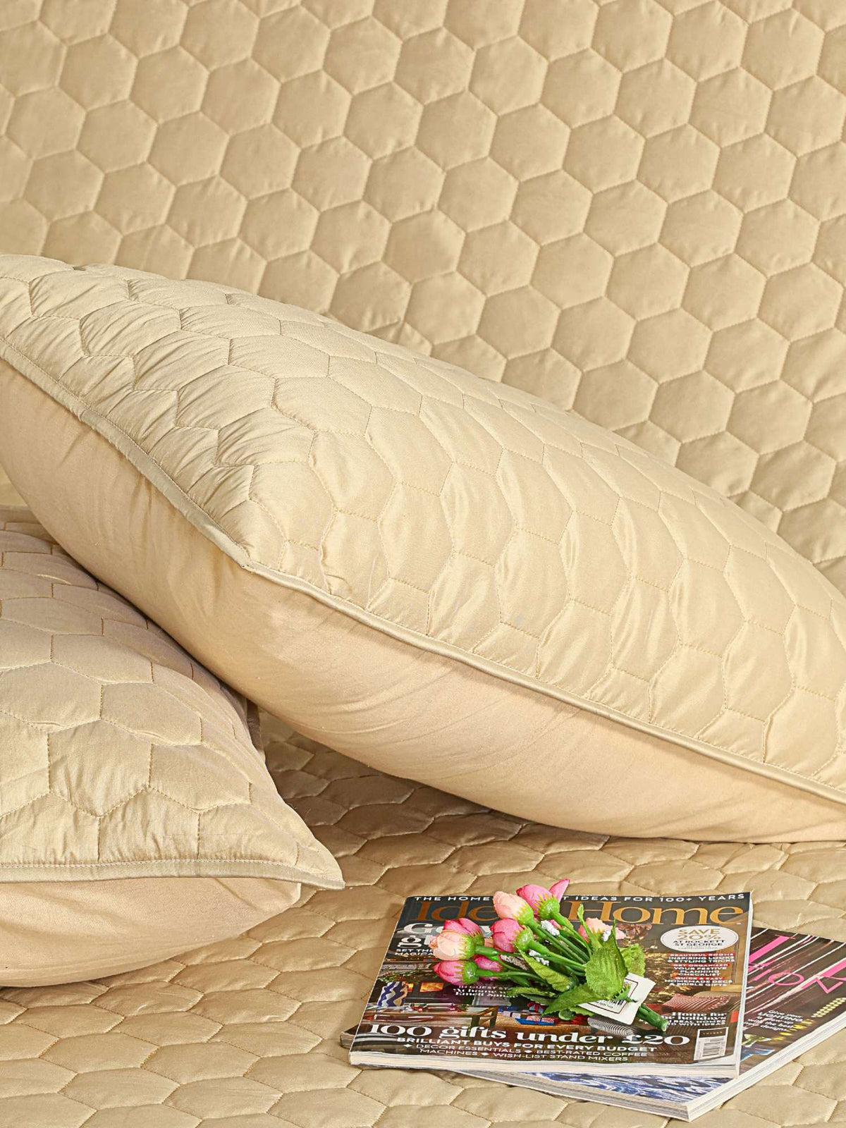 Golden Mist Hexagon Faux Silk Embroidered Bedspread with 2 Pillow Covers