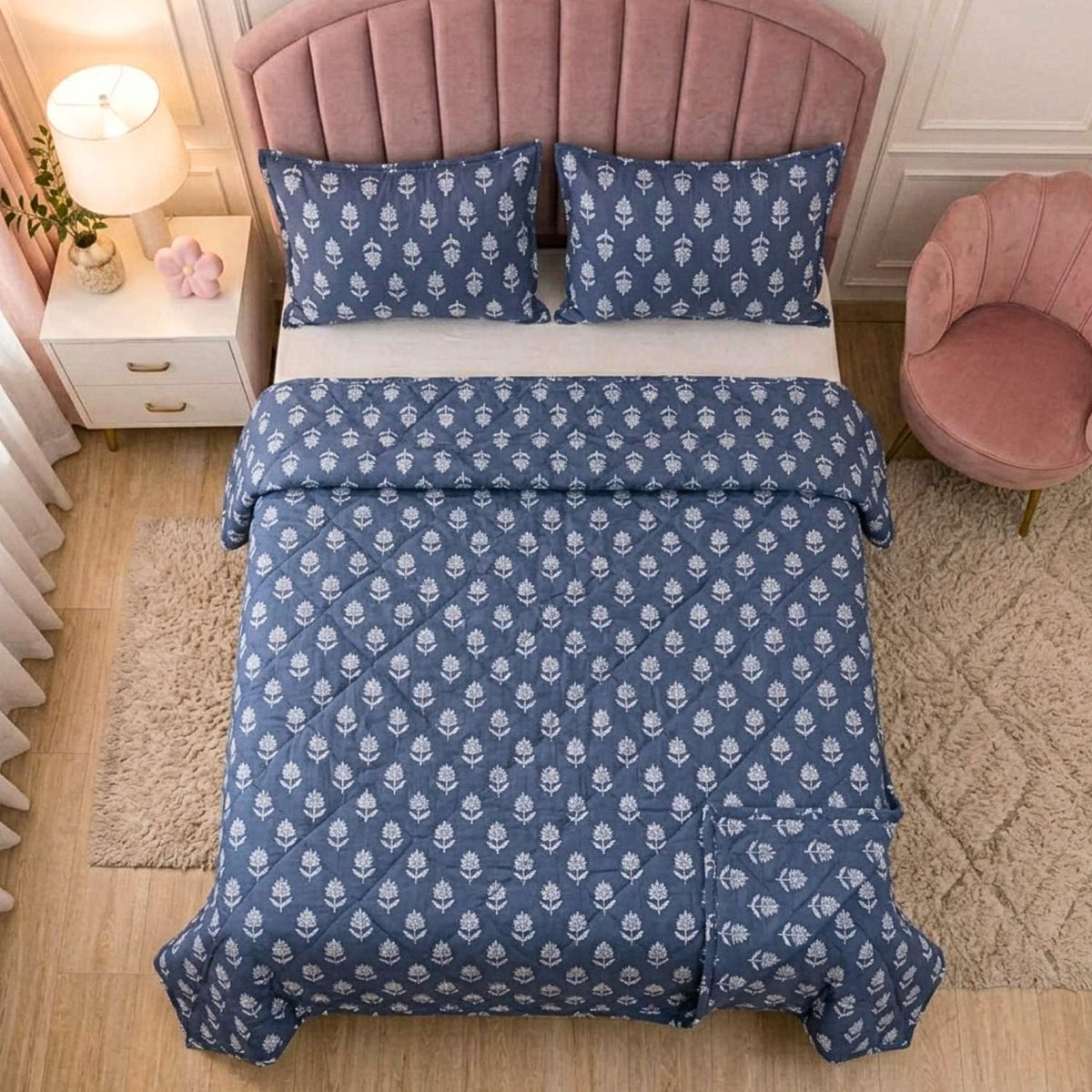 Sapphire Botanique Printed Leaf Kids Quilt with 2 Pillow Cover