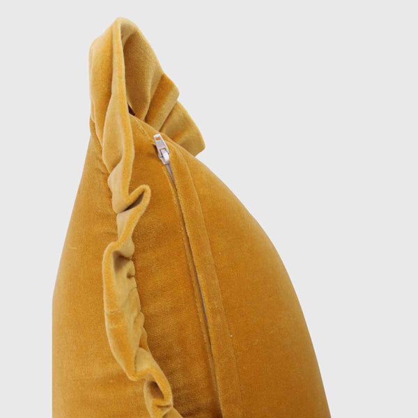 Mustard Cotton Velvet Frill Cushion Cover - 18x18 Inch