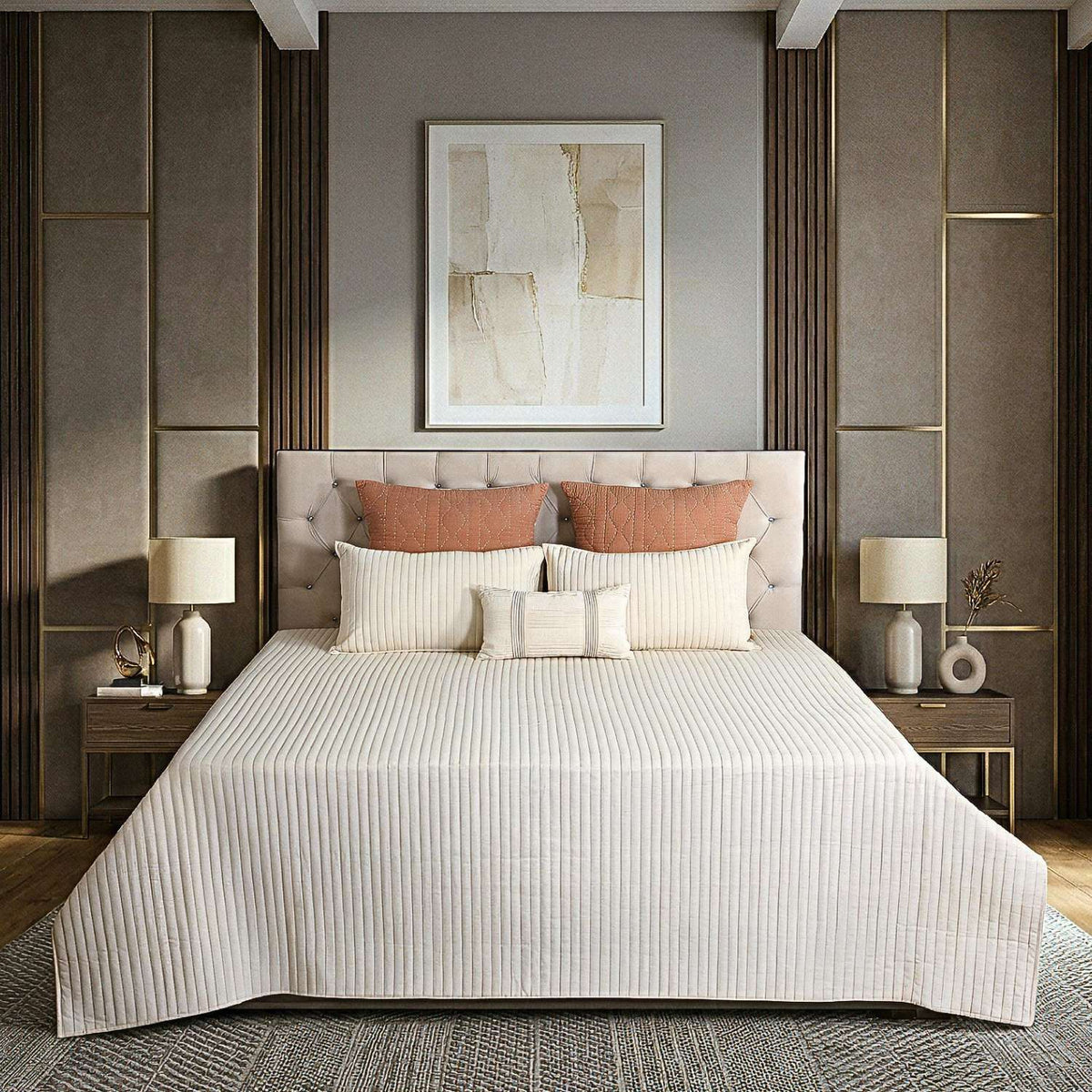 Linear Luxe Cotton Linen Embroidered Bedspread with 2 Pillow Covers