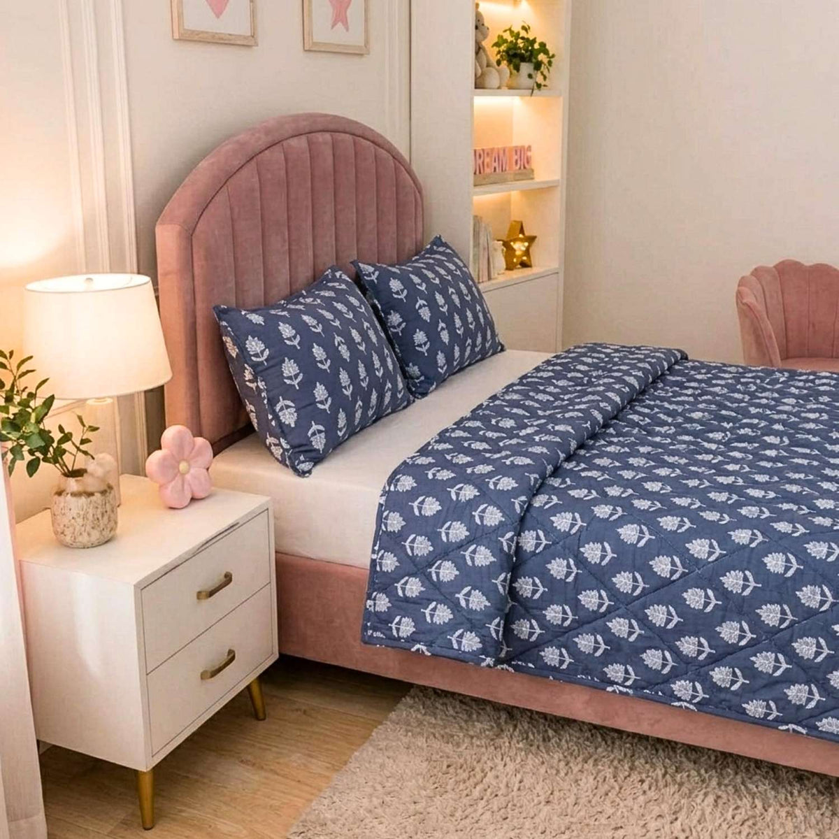 Sapphire Botanique Printed Leaf Kids Quilt with 2 Pillow Cover