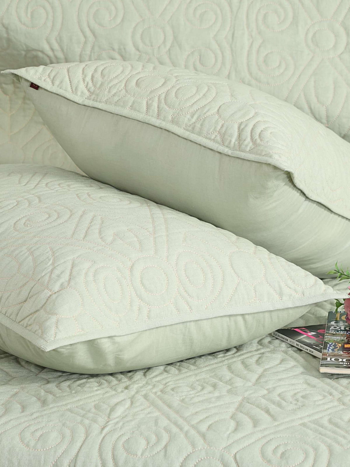 Elysian Cotton Linen Geometrical Embroidered Quilt Bedspread with 2 Pillow Covers