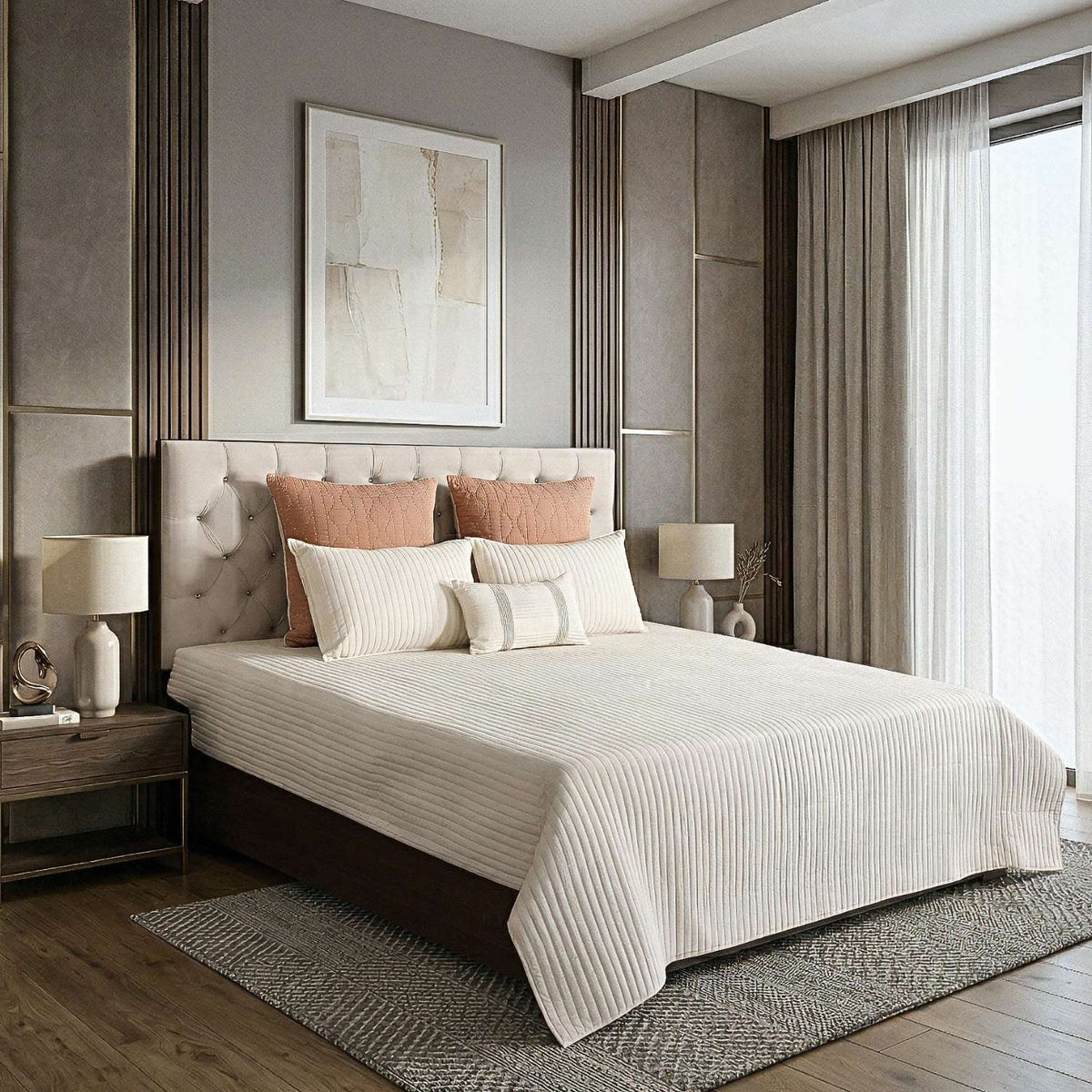 Linear Luxe Cotton Linen Embroidered Bedspread with 2 Pillow Covers