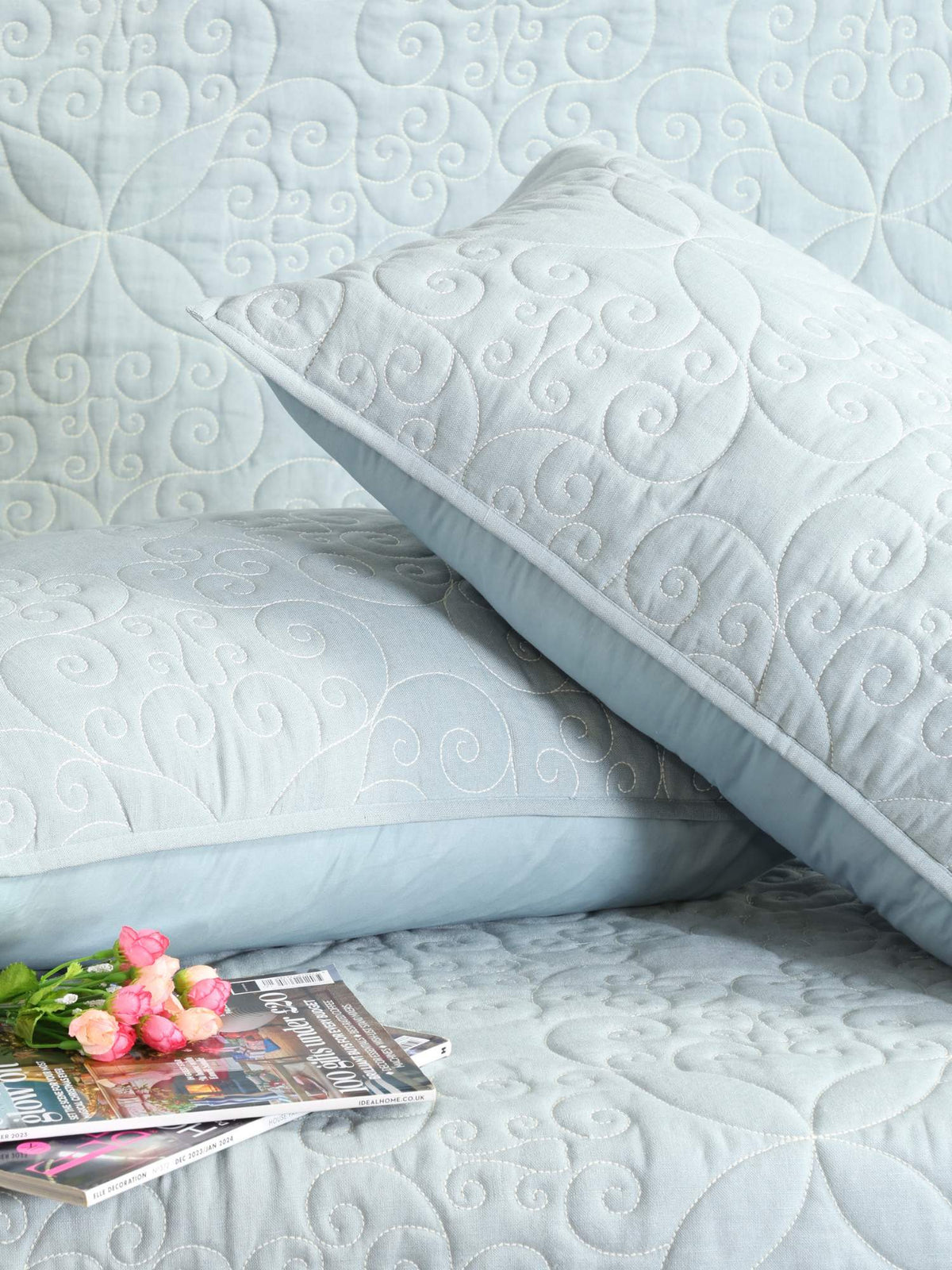 Blue Cotton Linen Geometrical Embroidered Bedspread Set with 2 Pillow Covers