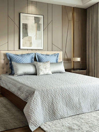 Pearl Grey Faux Silk Embroidered Bedspread with 2 Pillow Covers