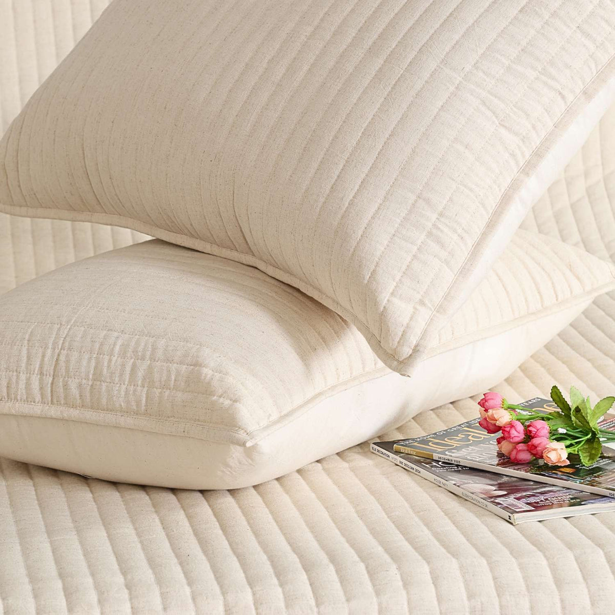Linear Luxe Cotton Linen Embroidered Bedspread with 2 Pillow Covers