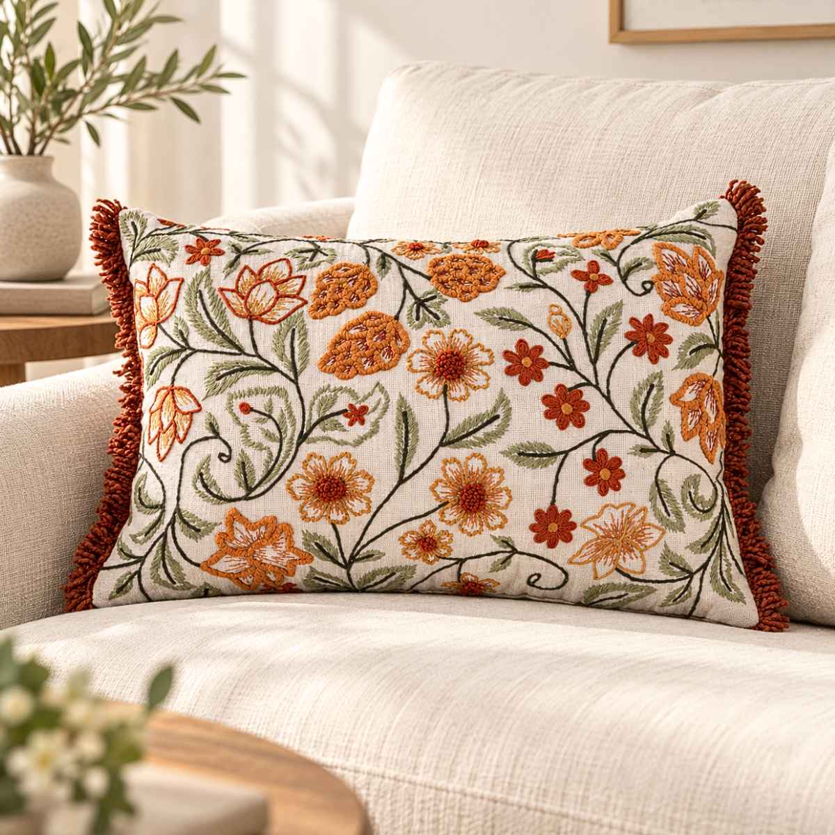 Autumn Meadow Floral Embroidered Cotton Slub Cushion Cover - 12x20 Inch