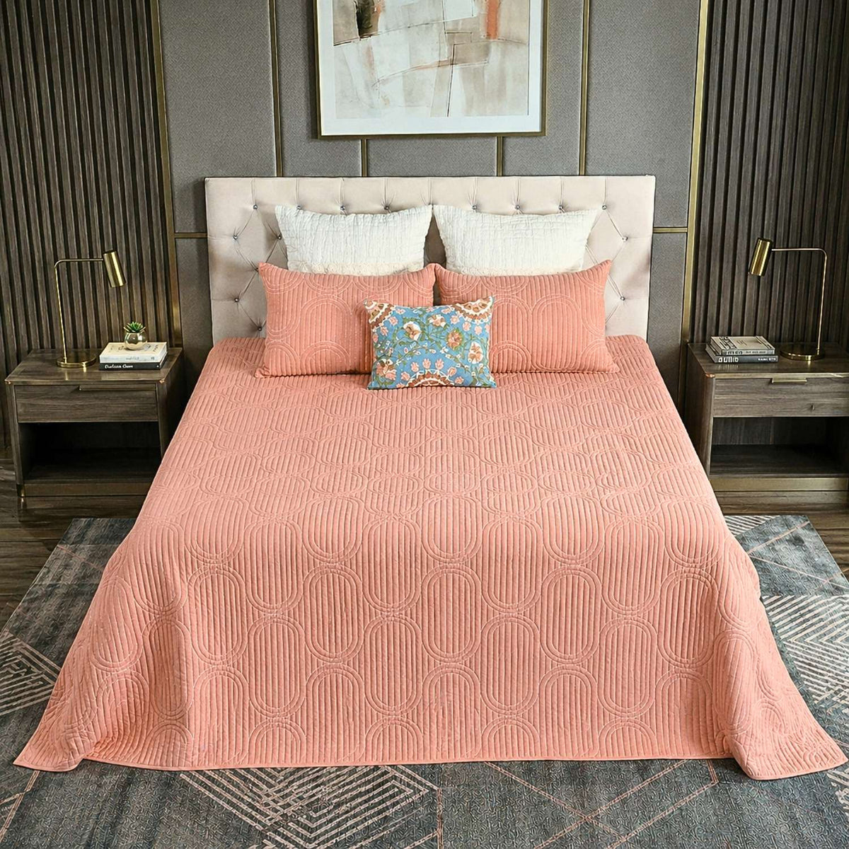 Cotton Linen Geometric Embroidered Quilt Set with Rich Cotton Backing - 2 Pillow Covers