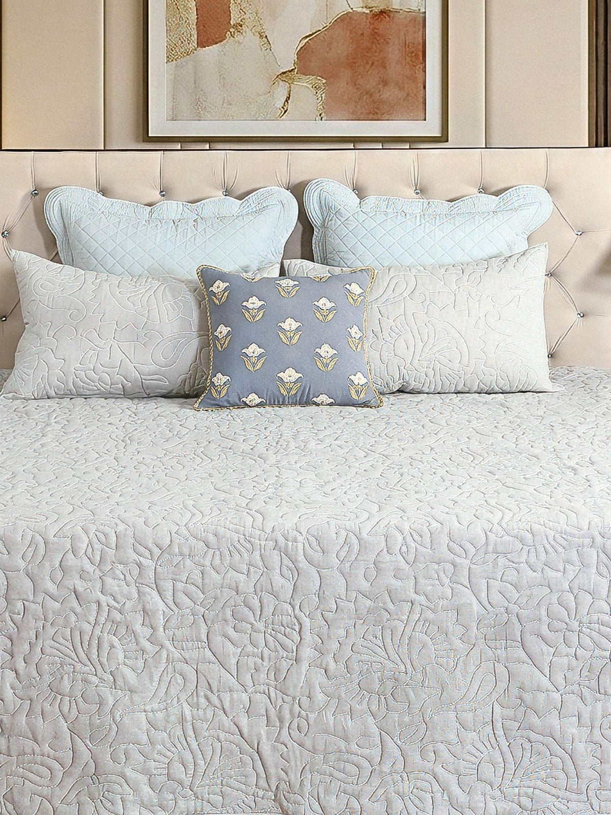 Elara Linen Embroidered Quilt Set – Heritage Grey with 2 Pillow Covers