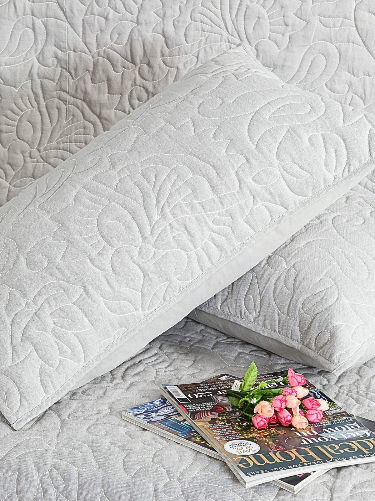 Elara Linen Embroidered Quilt Set – Heritage Grey with 2 Pillow Covers