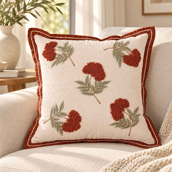 Rust Bloom Hand Embroidered Cotton Slub Cushion Cover