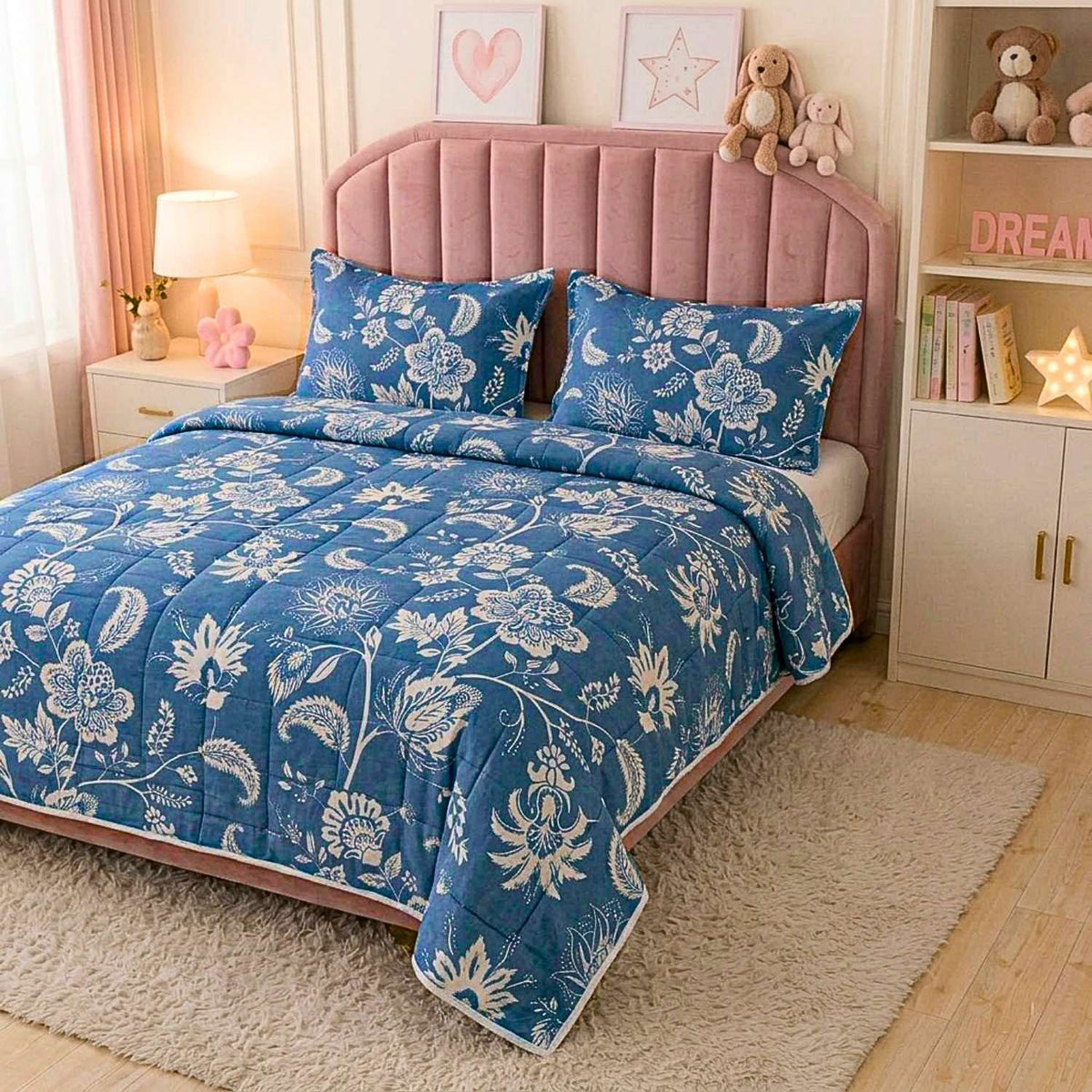 Blush Rose Midnight Azure Floral Kids Quilt with 2 Pillow Cover