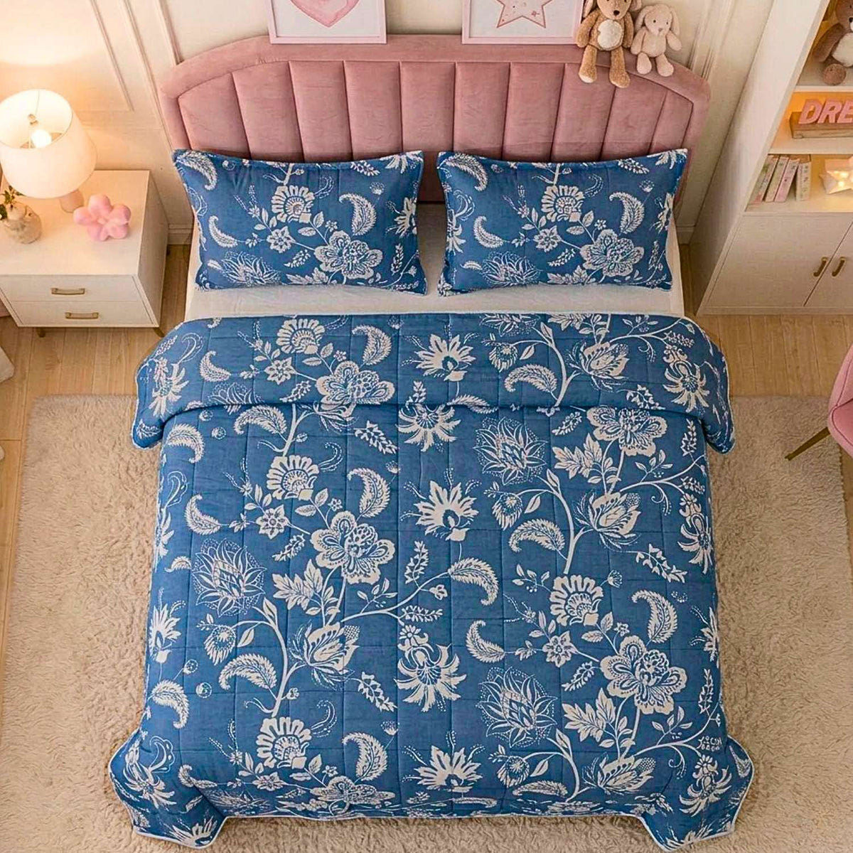 Blush Rose Midnight Azure Floral Kids Quilt with 2 Pillow Cover