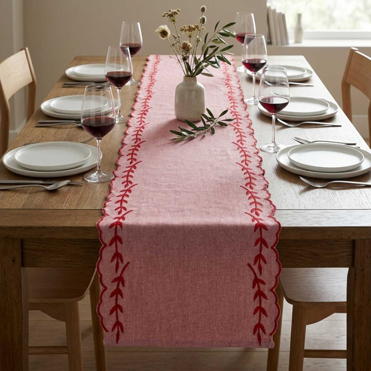 Delicate Chambray Blush Trim Table Runner