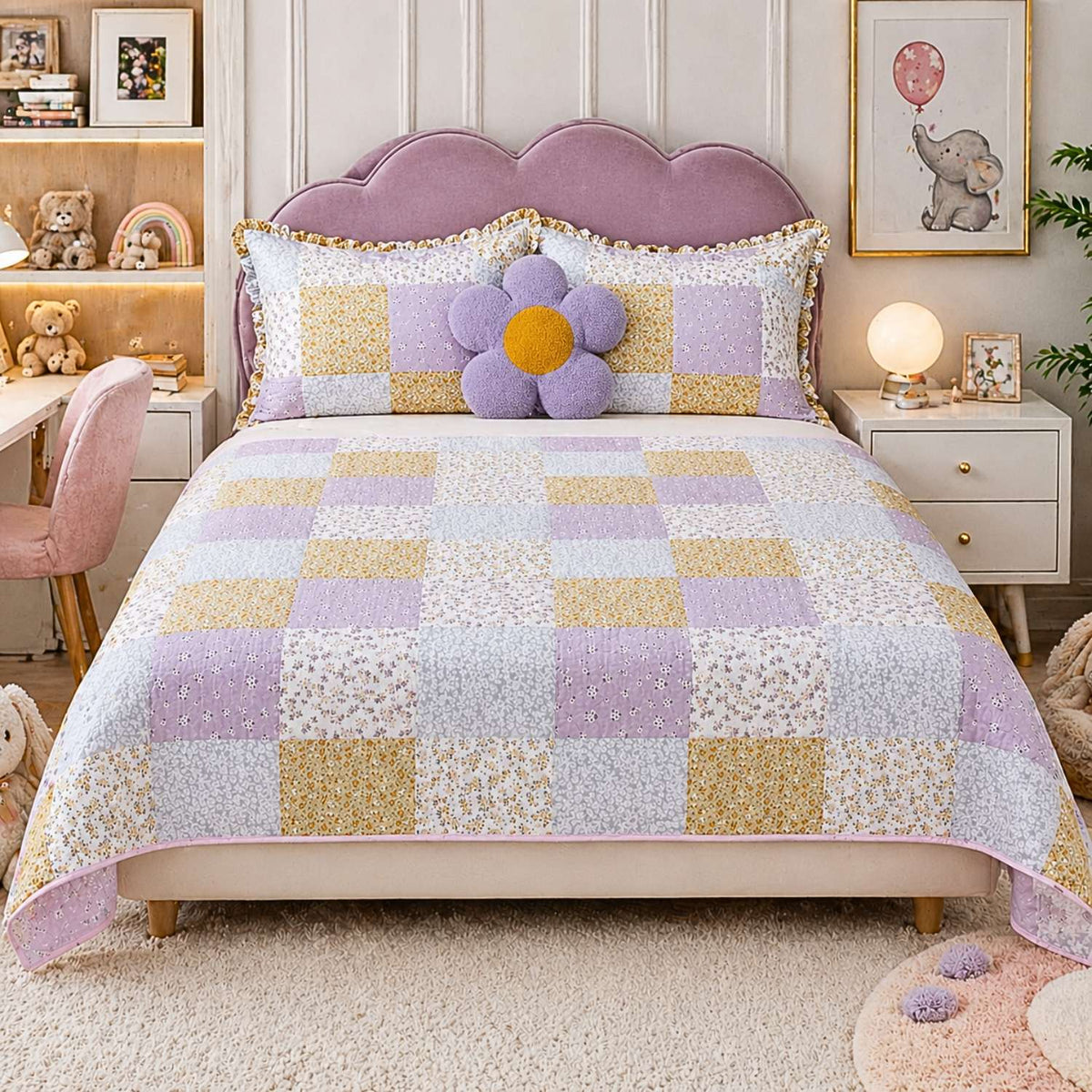 Vintage Bloom Patch Kids Quilt with 2 Pillow Cover