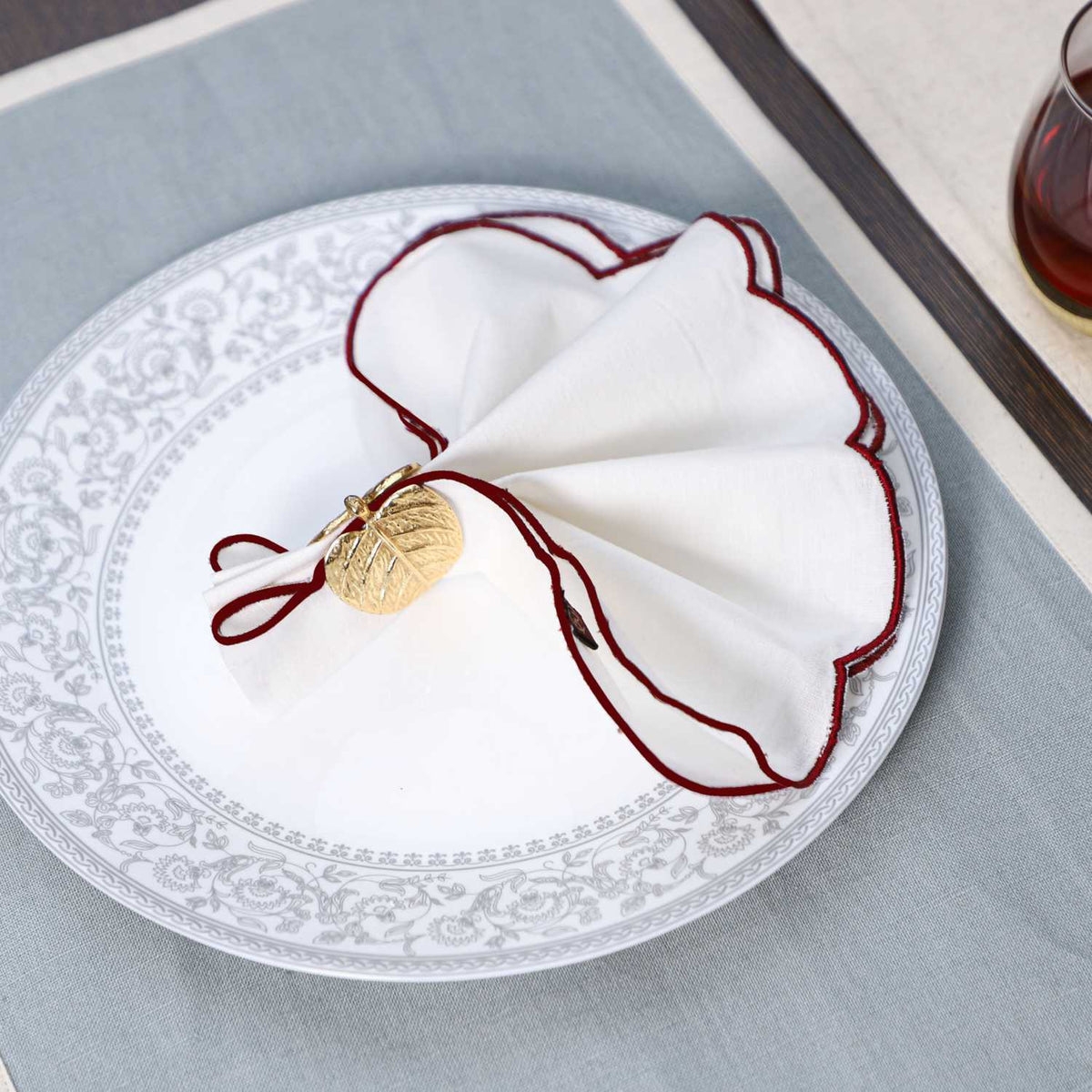 Ivory Crimson Scallop Luxe Cotton Linen Napkin